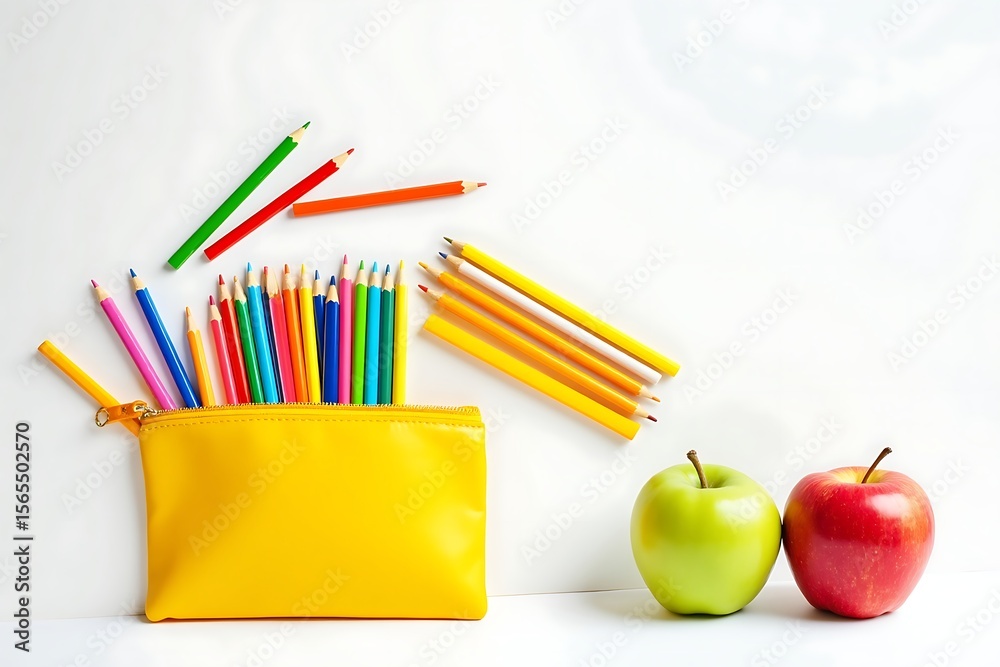 Fototapeta premium Back to School Essentials Colorful Pencils in Yellow Case with Apples on White Background for Education
