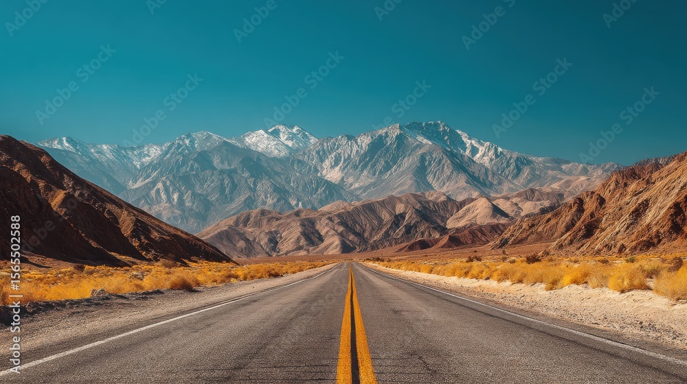 Fototapeta premium A scenic view of a long road surrounded by mountains and desert landscape under a clear blue sky.