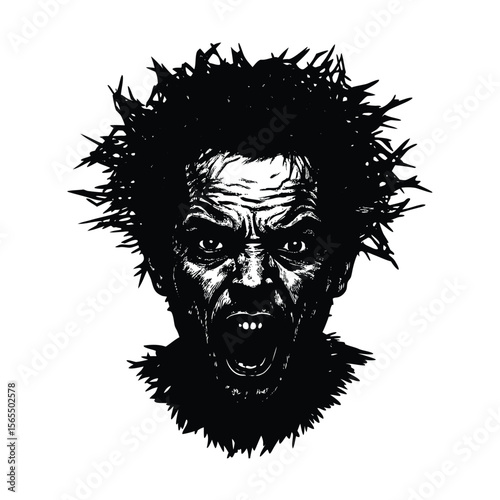 Screaming angry man face black and white silhouette vector illustration