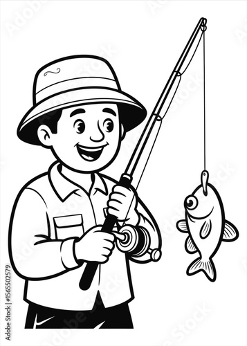 Happy fisherman wearing a hat catches a fish on his fishing rod