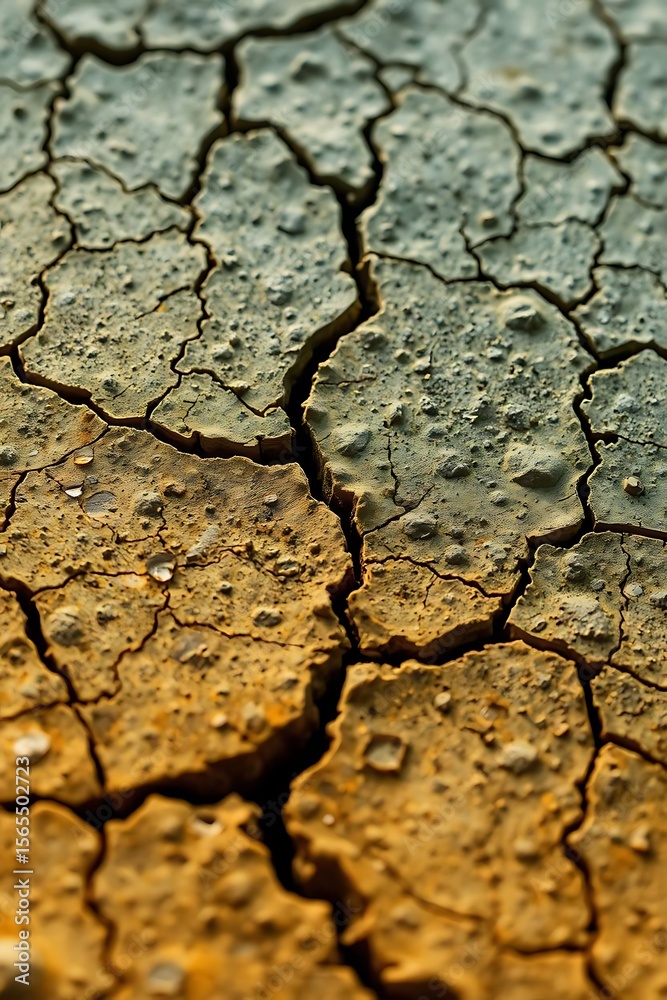 Fototapeta premium Closeup view of cracked, dry earth in shades of brown and grey, showing the effects of drought
