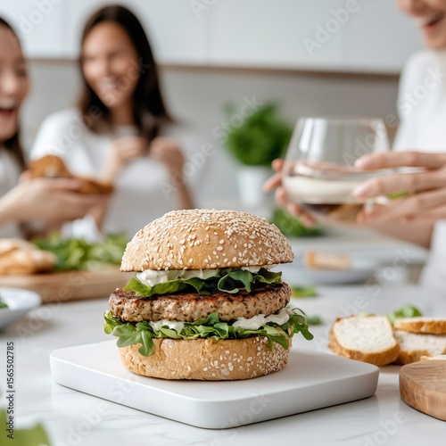 Delicious burger presenting on table while friends are having lunch together