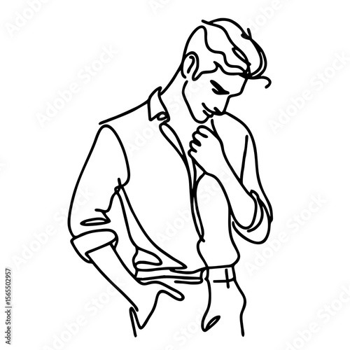 Playful Flirtation — handsome man in elegant theatrical pose: minimalist single black line drawing. One line art.