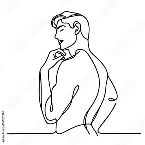 Playful Flirtation — handsome man in elegant theatrical pose: minimalist single black line drawing. One line art.