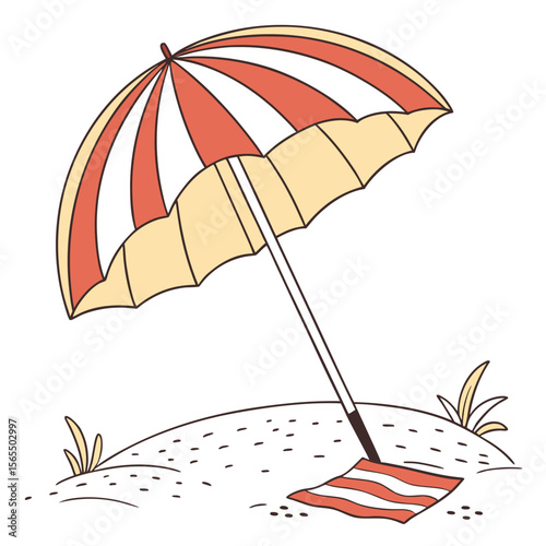 Striped beach umbrella on sandy shore with towel vector
