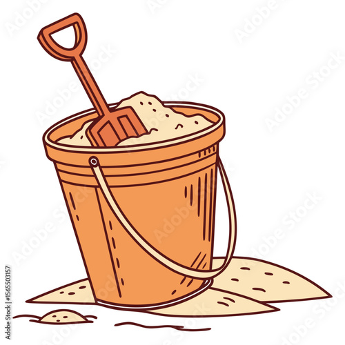 Orange bucket filled with sand and shovel beach