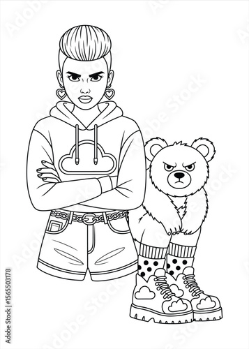 Cool teenager with heart earrings stands next to an angry cartoon bear