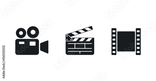 Film Production Icons Camera Clapperboard and Filmstrip