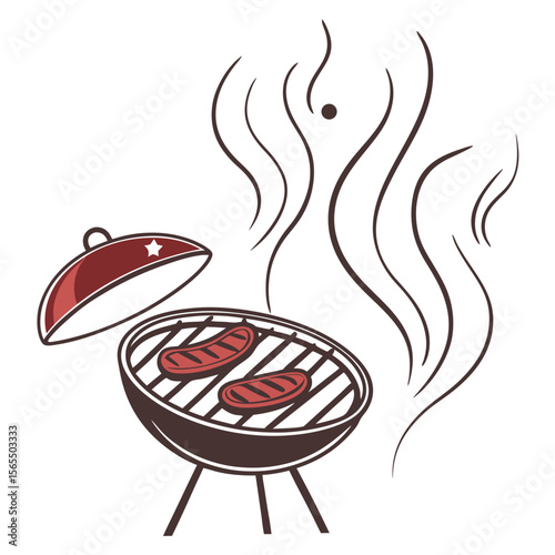 Barbecue grill with sausages and steam cooking food