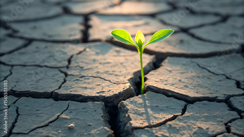 Glowing plant sprout from cracked earth at dusk