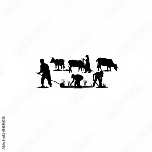 Silhouette of people practicing mixed farming techniques on white background