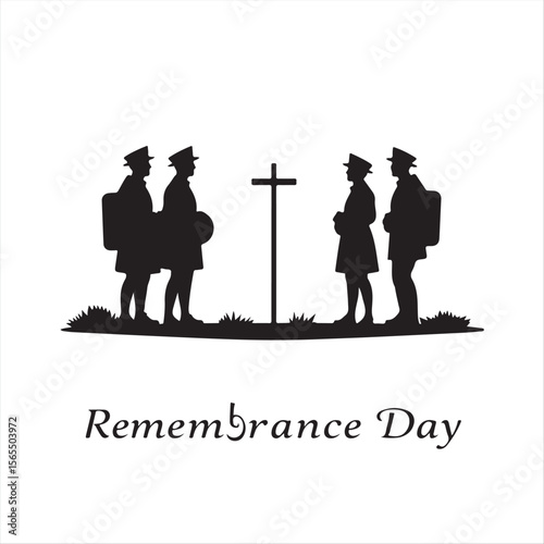 Elegant black and white vector illustration in modern flat design, depicting Remembrance Day with simple, two-dimensional silhouettes on a pure white background.