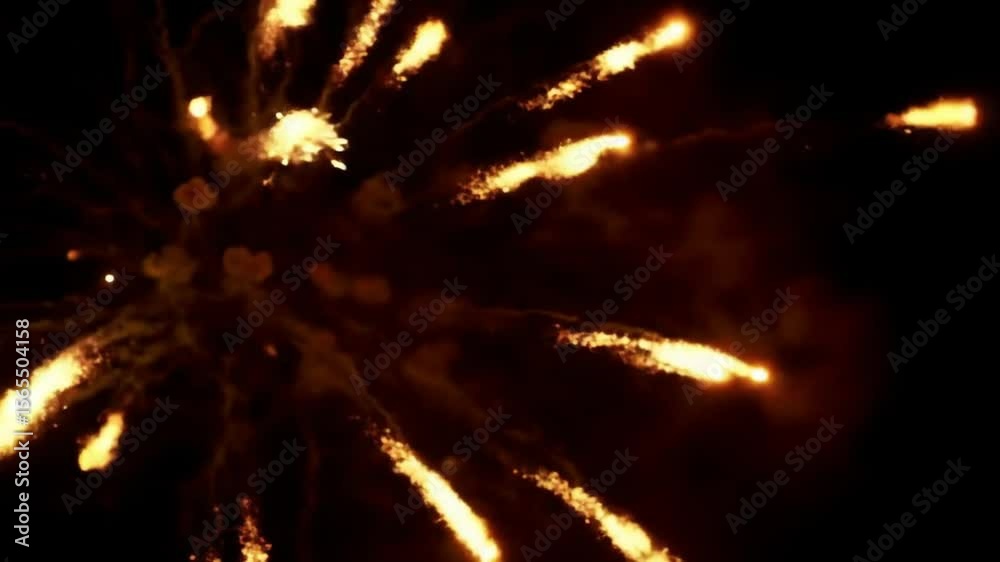 A dramatic, slow-motion explosion of golden and red fireworks on the left side, leaving space for text. Perfect for an epic and high-contrast celebration video intro