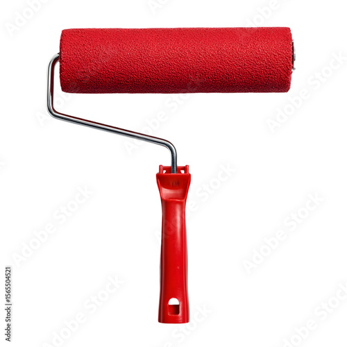 A vibrant red paint roller is displayed against a transparent background, ideal for illustrating home improvement, painting projects, or DIY tasks.
