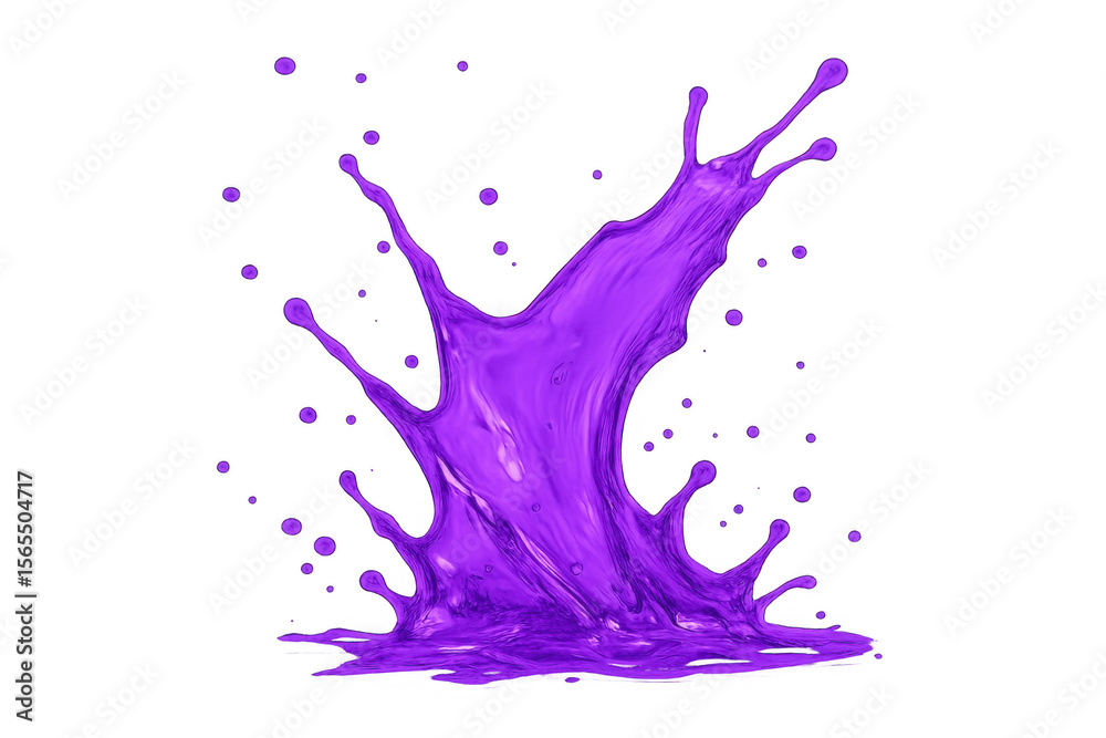 Fototapeta premium Purple liquid surging upward, generating iridescent droplets against translucent backdrop, highlighting fluid dynamics and graceful movement