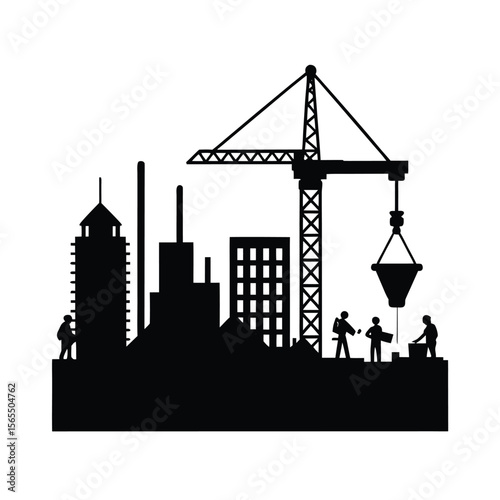 Construction site with crane and workers silhouette vector illustration