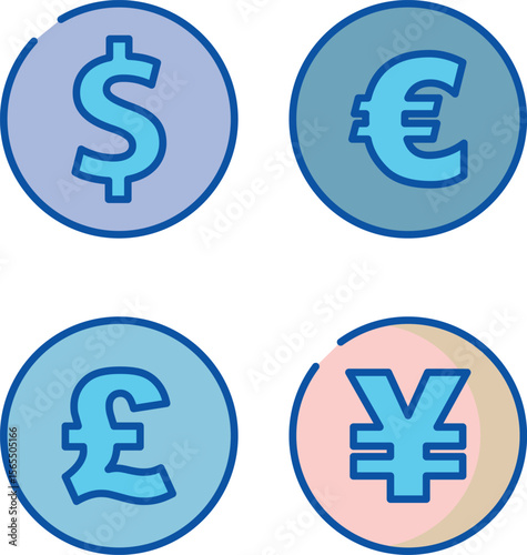 Collection of diverse currency symbols and financial icons representing global monetary exchange and transaction concepts
