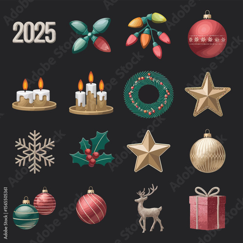 vector Happy New Year Celebrating 2025 in Latin letters , Christmas Decoration Items Santa Claus
