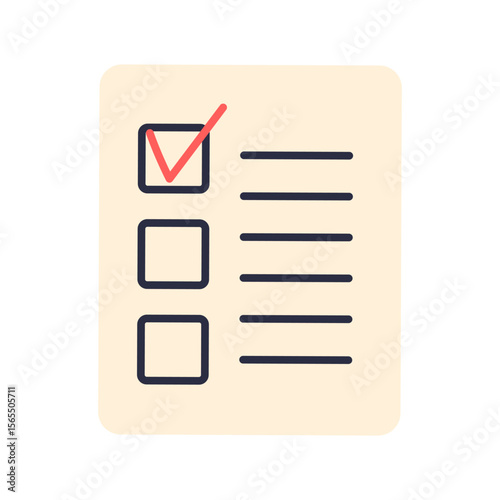 A white background with a red check mark on a sheet of paper. The paper has three boxes and a line
