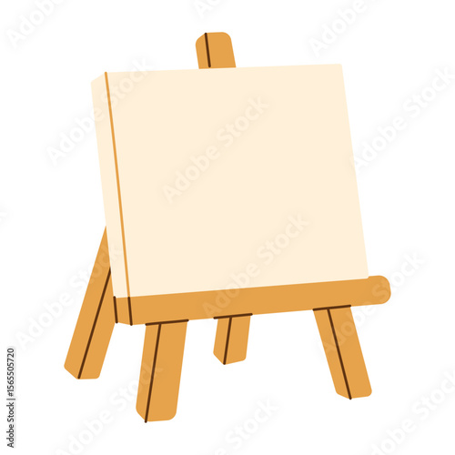 A wooden easel with a white canvas on top. The easel is empty and ready for use