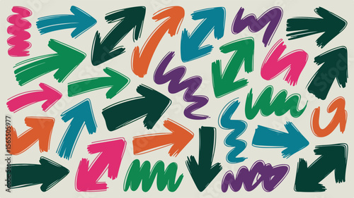 A vibrant collection of hand drawn arrows and squiggly lines in various bright colors and directions against a neutral background