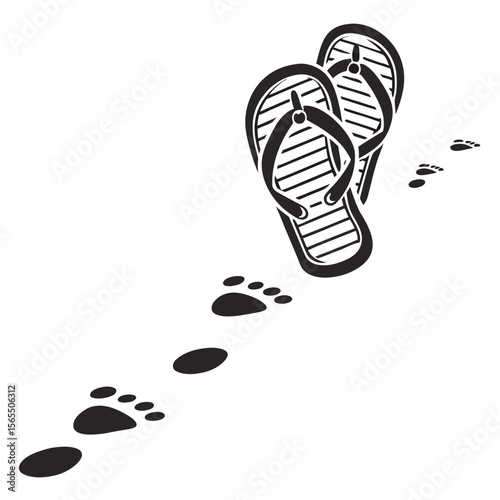 Black flip flops and footprints walking beach
