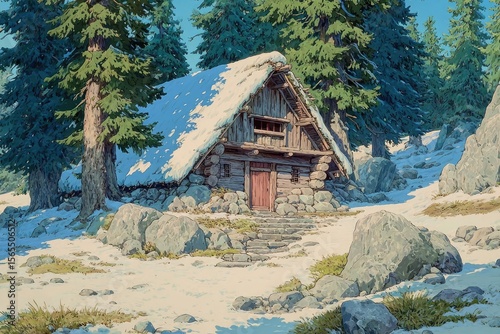 Anime background Rustic cabin retreat logs crackling merrily windows framed by pine trees