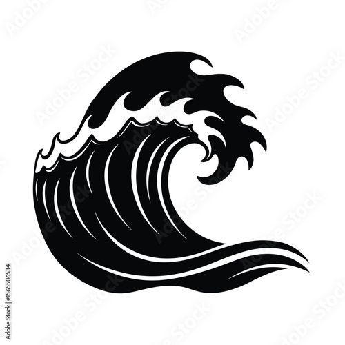 Stylized ocean wave black and white silhouette vector illustration