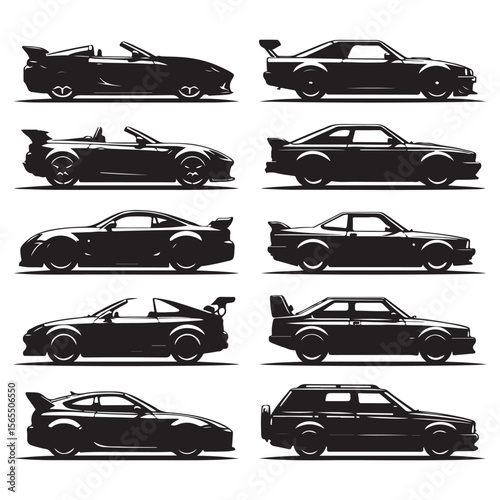 Collection of Classic and Modern Sports Car Silhouettes Vector Illustrations