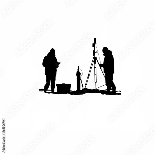 Silhouette of researchers on an Arctic expedition studying polar ice caps on white background