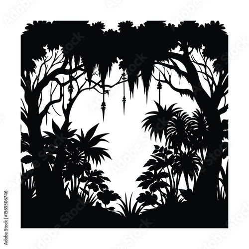 Tropical jungle rainforest trees and plants silhouette vector illustration