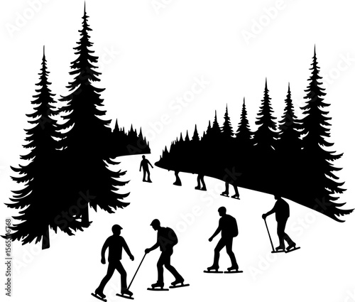 Cross-Country Skiers in a Winter Forest vector bundle