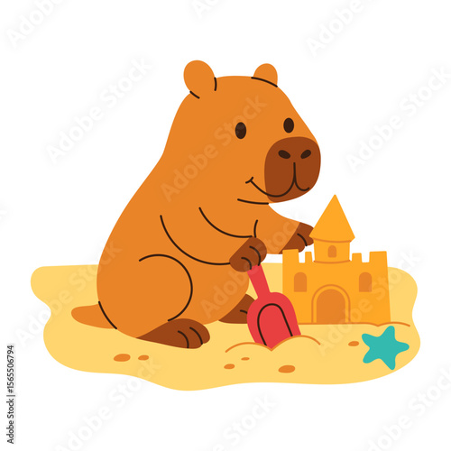 A cartoon of a capybara playing in the sand. The bear is holding a shovel and is building a sand castle