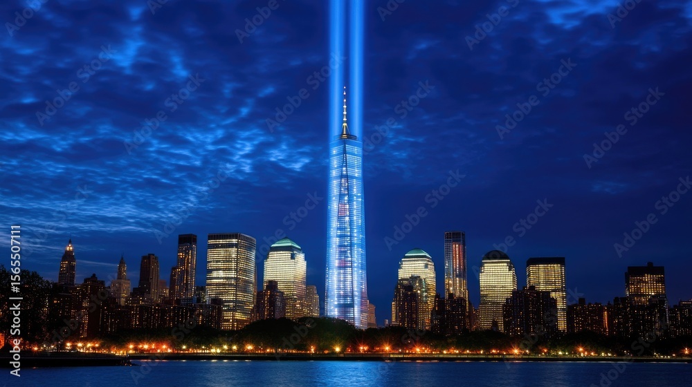 Fototapeta premium Illuminated memorial skyscraper in city skyline at twilight.