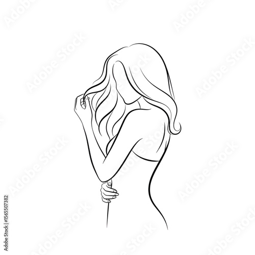 Woman Touching Hair in Soft Poses – Line Art Drawing