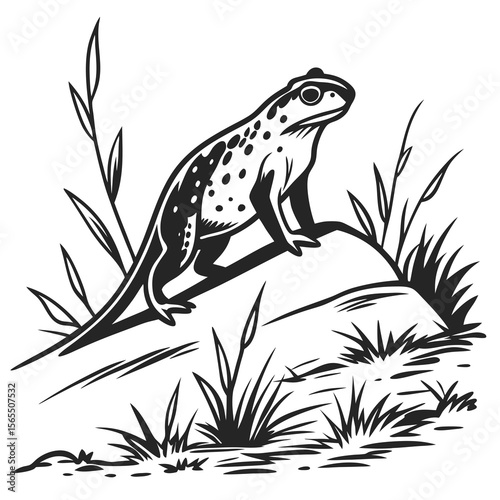 Spotted amphibian perched on branch among reeds frog
