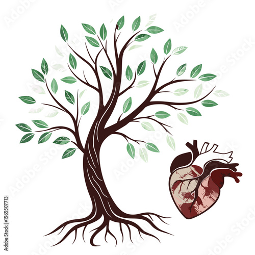 Tree and heart illustration roots leaves