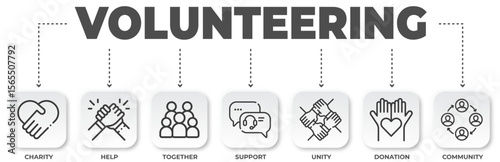 Infographic illustrating the concept of volunteering, charity, help, support and unity for social responsibility and community support