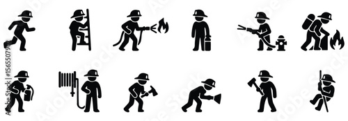 Stickman firefighter icon set showing emergency response actions like extinguishing fires, carrying victims, and using hoses in bold black silhouette style