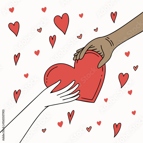 Hands exchanging red heart surrounded by hearts love