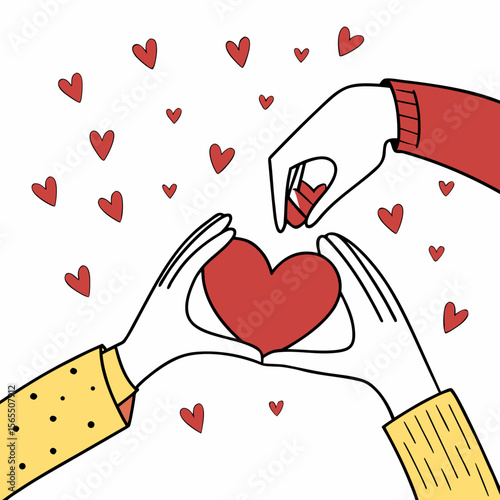 Hands holding red heart surrounded by hearts love romance