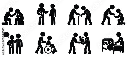 Stickman icon set representing emotional support, caregiving, companionship, and social assistance in human relationships through black silhouette design