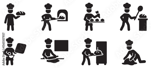 Stickman icon set depicting baking-related activities such as kneading dough, preparing pastries, using ovens, and decorating cakes in black silhouette style