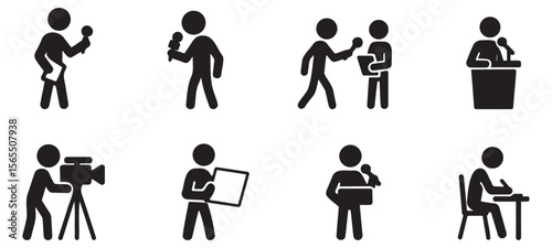 Stickman silhouettes capturing media-related roles including photography, filming, reporting, and presenting
