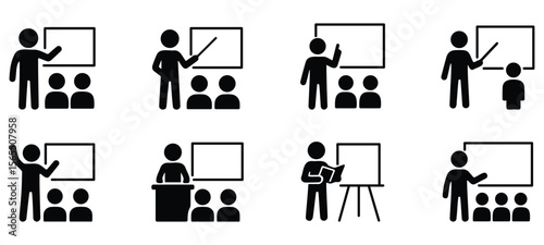 Stickman silhouettes of teachers giving presentations, writing on whiteboards, and students attending lessons in class