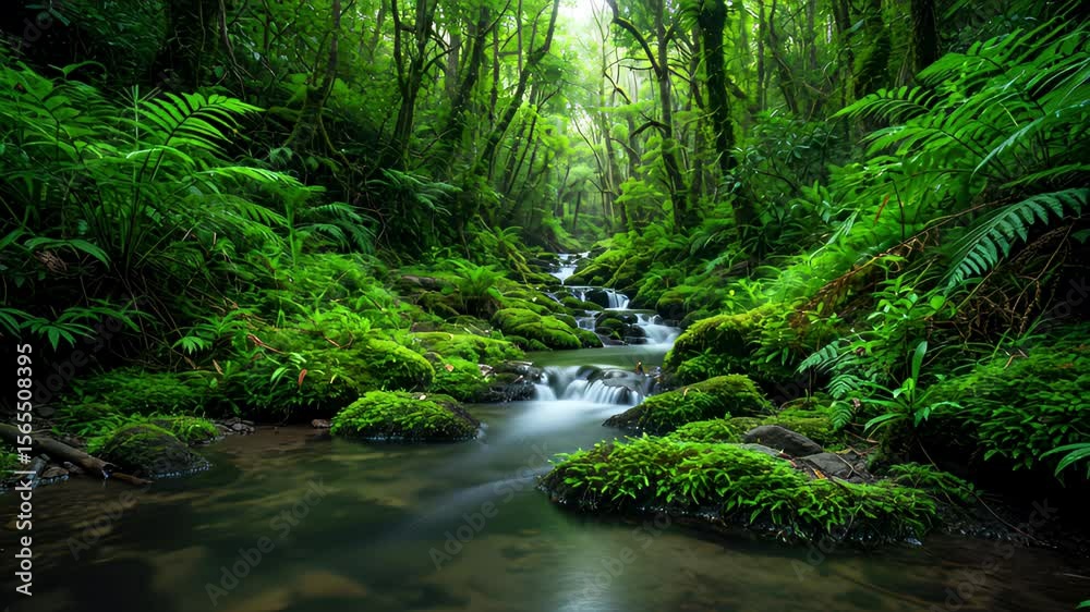 Immerse yourself in the lush beauty of a mystical jungle stream with vibrant greenery landscape Immerse yourself in the lush beauty of a mystical jungle stream with vibrant greenery landscape