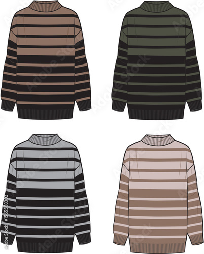 Women's High-Neck Striped Tunic. Technical fashion illustration. Front, brown, khaki, grey, and nude colour. Women's CAD mock-up.