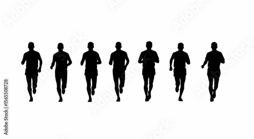 Seven Silhouetted Male Runners in Motion, Active Running Pose