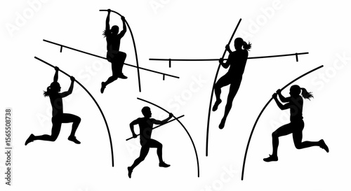 Silhouetted Pole Vaulters in Action, Black and White Vector Illustration
