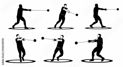 Black and White Hammer Thrower Silhouettes in Action, Sport Concept